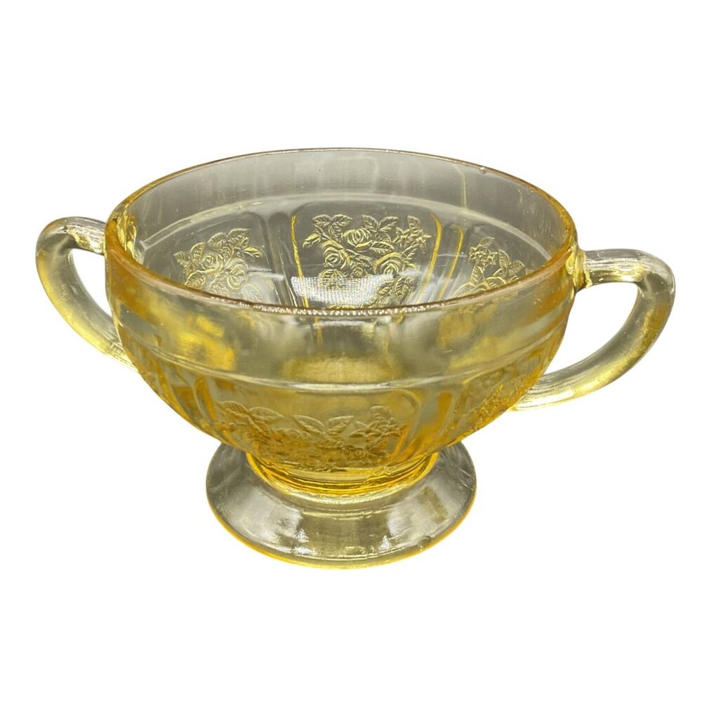 Vtg 1930s Open Sugar Bowl Depression Glass Sharon Cabbage Rose Amber Colored